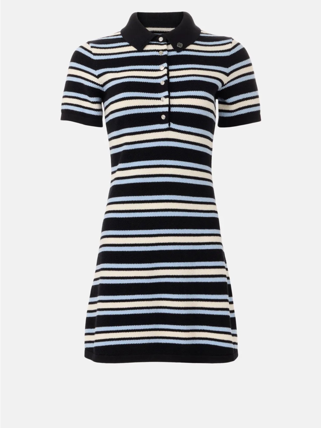 By Maje Striped Knit Polo Dress In Black, White & Light Blue